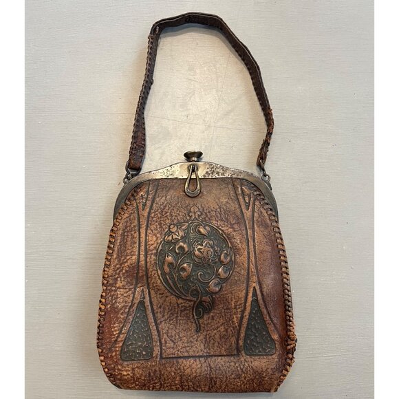 Unbranded Handbags - Vintage Turnloc Small Brown Antique Tooled Leather Purse